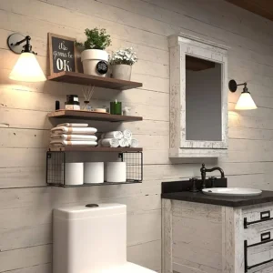 Floating Wall Shelves Set – 3-Tier Wooden Bathroom Storage Shelves