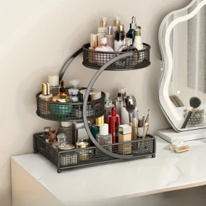 Multi-Layer Makeup Storage Rack – Elegant Metal Cosmetic Organizer Box